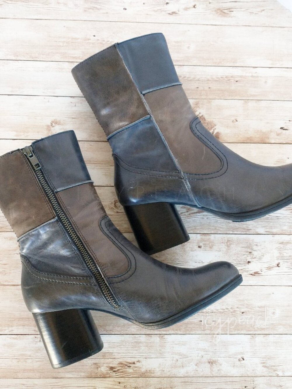 Børn Hayley Boots Size 7M/38EU Womens Dk Grey Navy Patchwork Block Heel Classic